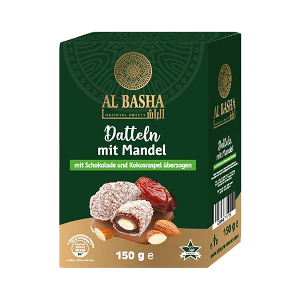 Datteln mit Mandel mit Schokolade und Kokosraspel überzogen - Al Basha Sweets