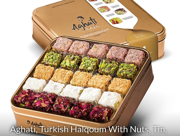 Aghati, Turkish Halqoum with Nuts, Tin 385 g - Al Basha Sweets