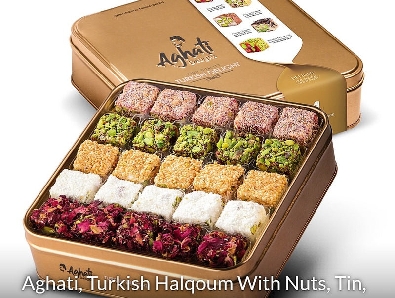 Aghati, Turkish Halqoum with Nuts, Tin 385 g - Al Basha Sweets