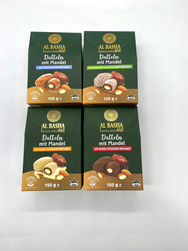4x Datteln gemischt mit jeder Sorte (dunkle Schokolade, weiße Schokolade, Vollmilchschokolade, Milchschokolade mit Kokosraspeln) - Al Basha Sweets